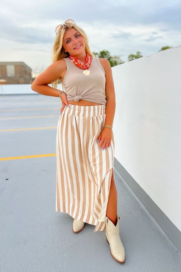 Emma Natural Striped Midi Skirt