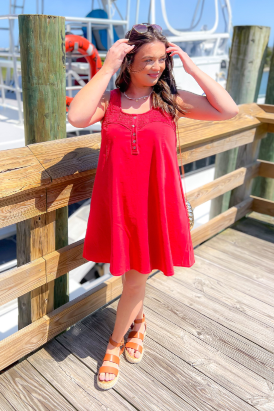 Dockside Red Button Up Smock Dress