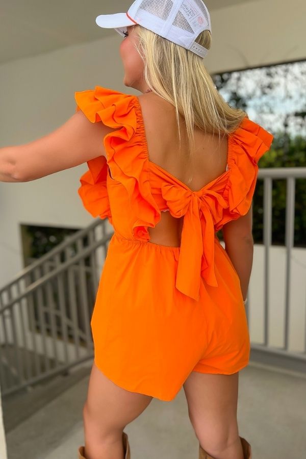 Tailgate Party Orange Ruffle Sleeve Romper