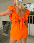 Tailgate Party Orange Ruffle Sleeve Romper