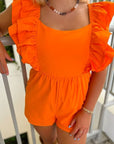 Tailgate Party Orange Ruffle Sleeve Romper