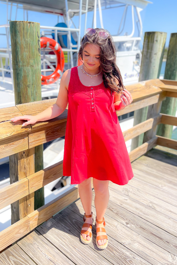 Dockside Red Button Up Smock Dress