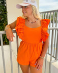 Tailgate Party Orange Ruffle Sleeve Romper