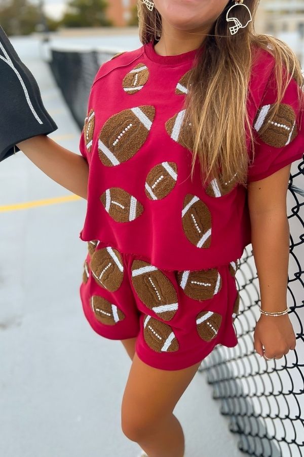 Queen of Sparkles Maroon Fuzzy Football Top