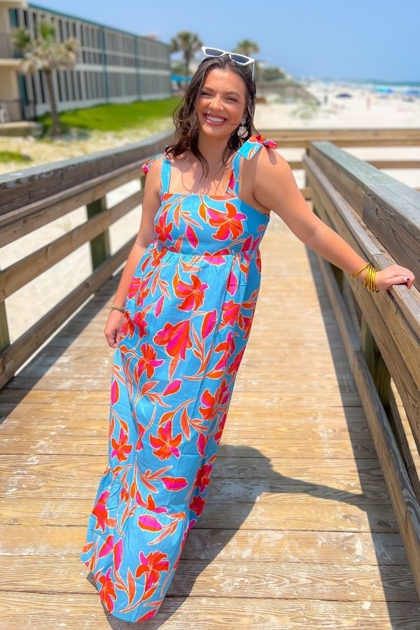 THML Tie Strap Flower Print Maxi Dress