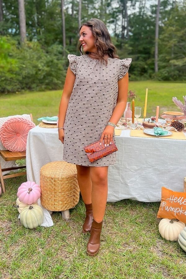 Blair Bow Print Brown Tweed Dress