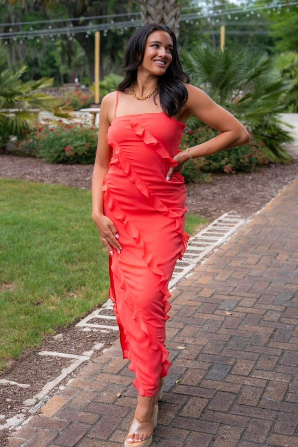 MINKPINK Red Venus Ruffle Maxi Dress