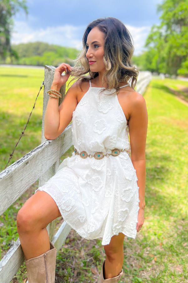 Antique Floral White Halter Neck Dress