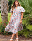 THML Pink & Cream Floral Print Midi Dress with puff sleeves and v-neckline, styled for summer elegance in a garden setting.