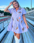 Lavender Sequin Football Dress - Trendsetting Gameday Style featuring button-up front, collared neckline, and sequin football accents for a bold gameday look.