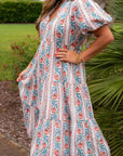 Side view of THML Pink & Cream Floral Print Midi Dress showcasing tiered skirt and vibrant floral pattern, ideal for casual summer outings.