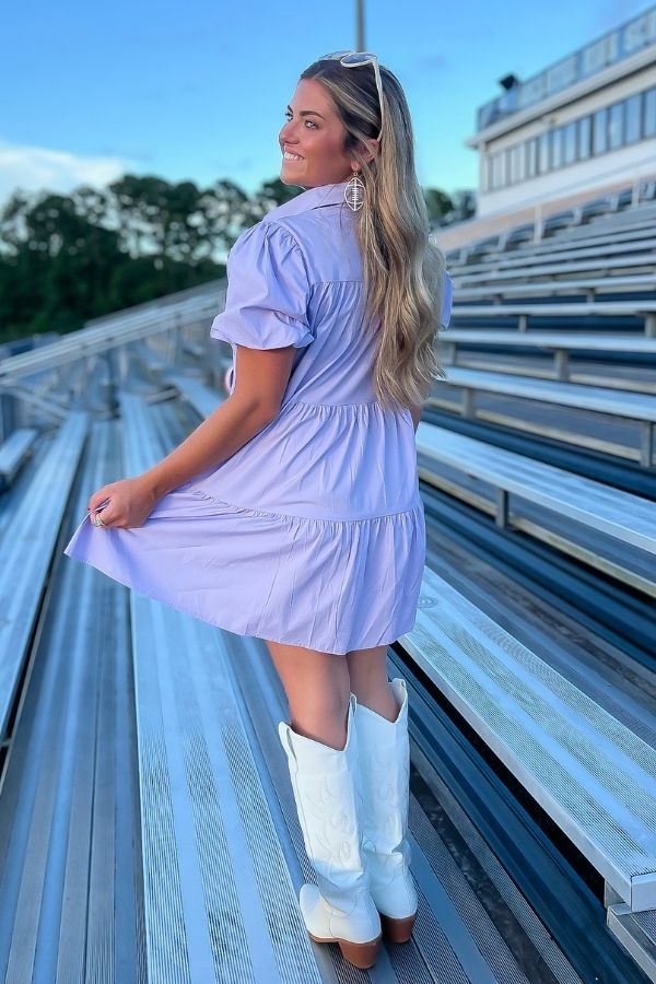 Back view of Lavender Sequin Football Dress - Trendsetting Gameday Style showing tiered design and puff sleeves, perfect for sporty-chic outfits.