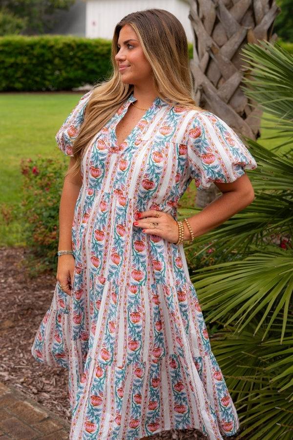 Close-up of THML Pink & Cream Floral Print Midi Dress highlighting puff sleeves and flattering v-neck, perfect for garden parties or vacations.