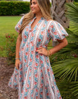 Close-up of THML Pink & Cream Floral Print Midi Dress highlighting puff sleeves and flattering v-neck, perfect for garden parties or vacations.