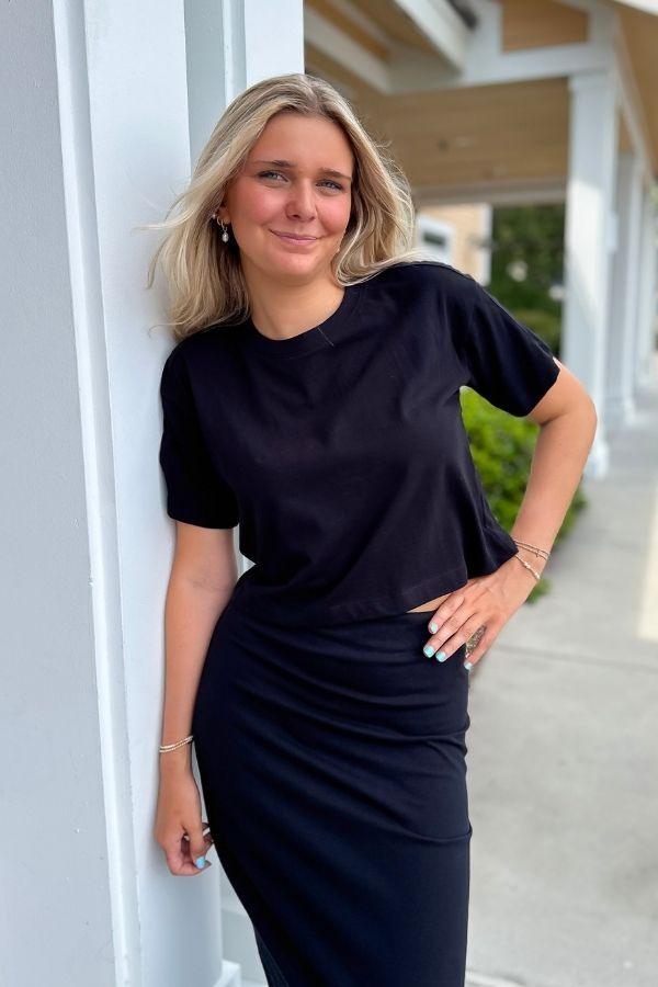 Z Supply Abby True Black Tee styled for everyday wear, featuring a relaxed fit and short sleeves for versatile comfort.