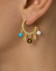Unique tiger’s eye and cubic zirconia hoops, Lightweight gold fall statement earrings