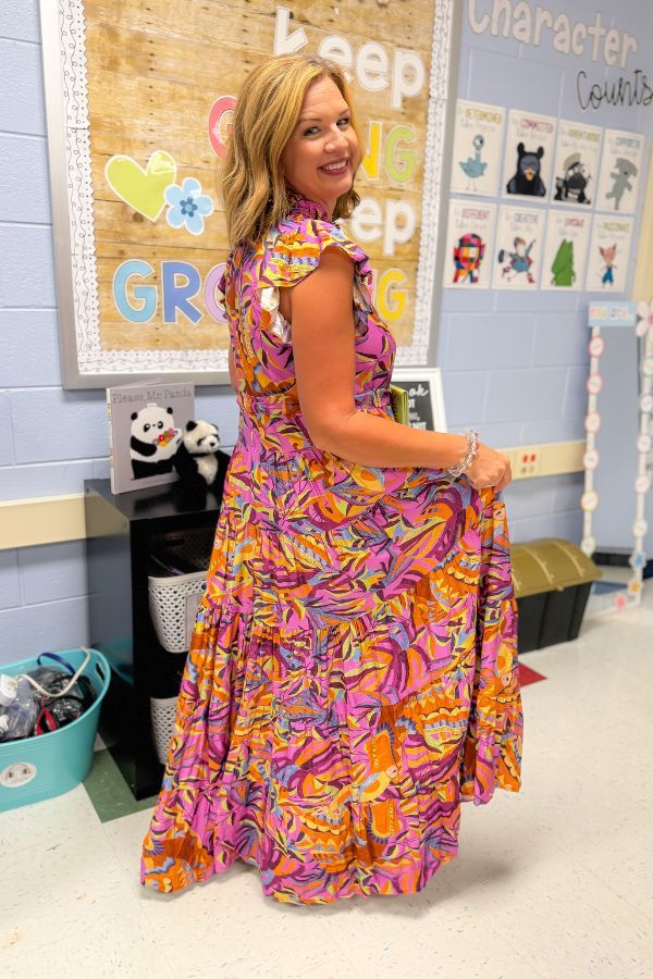 Purple Leaf Maxi Dress - Multicolor Print styled with playful ruffle sleeves and flowy skirt, perfect for school or everyday fashion.