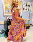 Purple Leaf Maxi Dress - Multicolor Print styled with playful ruffle sleeves and flowy skirt, perfect for school or everyday fashion.