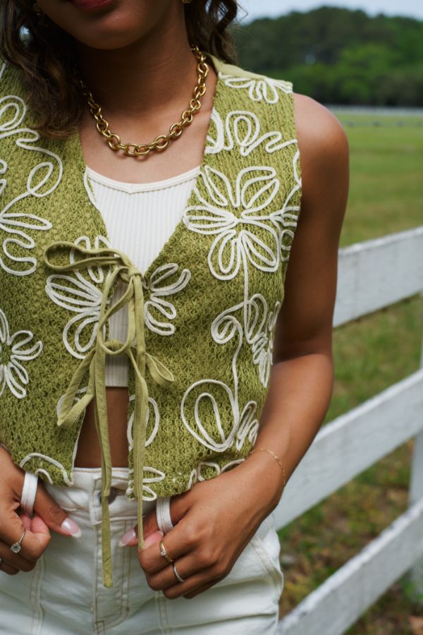Jolene Matcha Embroidered Tie Top Vest