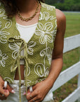 Jolene Matcha Embroidered Tie Top Vest