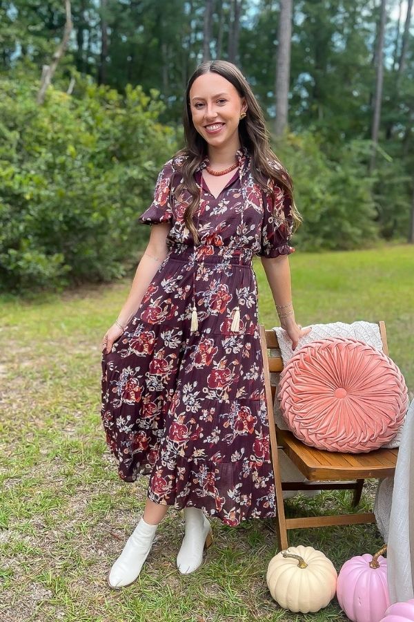 THML Burgundy Printed Puff Sleeve Tiered Maxi Dress