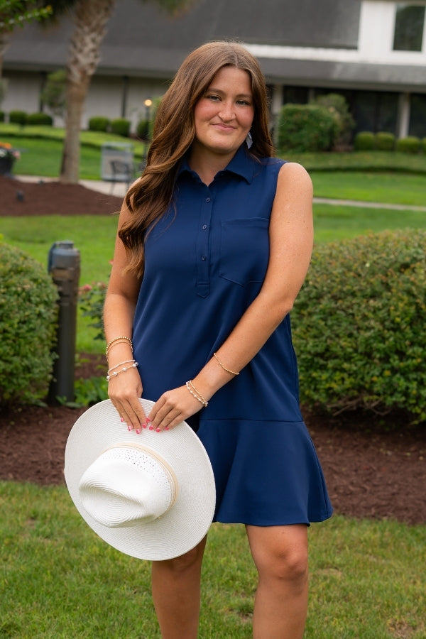 Navy Textured Collared Casual Dress