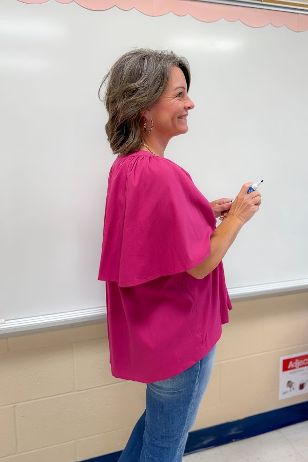 Side view of Very Berry Tunic Top - Pinch Pleated showing fluttery sleeve detail and relaxed fit, ideal for versatile everyday wear.