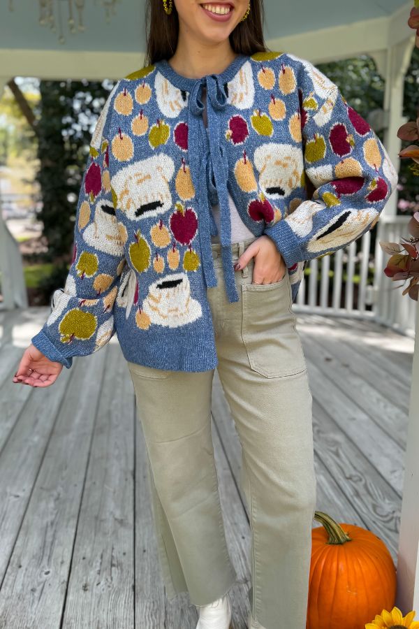 Apple A Day Blue Tie Front Cardigan
