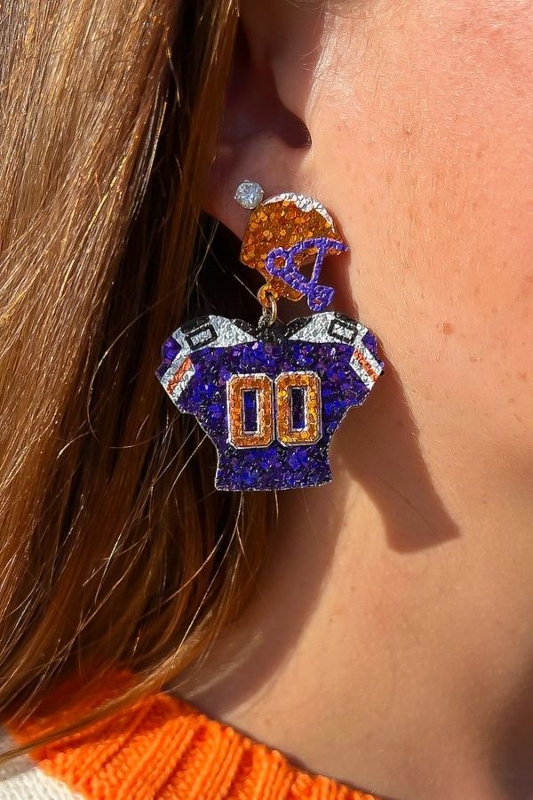 Purple & Orange Sparkle Football Player Earrings