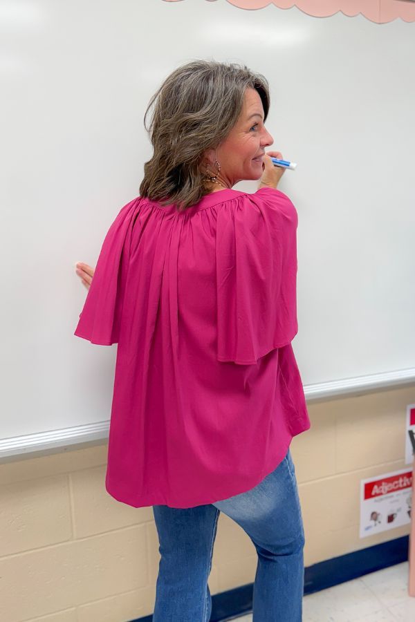 Back view of Very Berry Tunic Top - Pinch Pleated highlighting pleated back design and airy silhouette, perfect for comfort and movement.