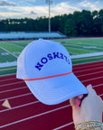 Clemson White Mesh Back Trucker Hat featuring breathable mesh, snapback fit, and upside-down Clemson text, perfect for sporty outdoor events.