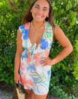 MINKPINK Floral Ravina Bias Mini Dress with bold floral design and sleeveless cut, styled for a chic and breezy summer look.