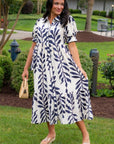 Harmony Navy & Cream Puff Sleeve Collared Midi Dress