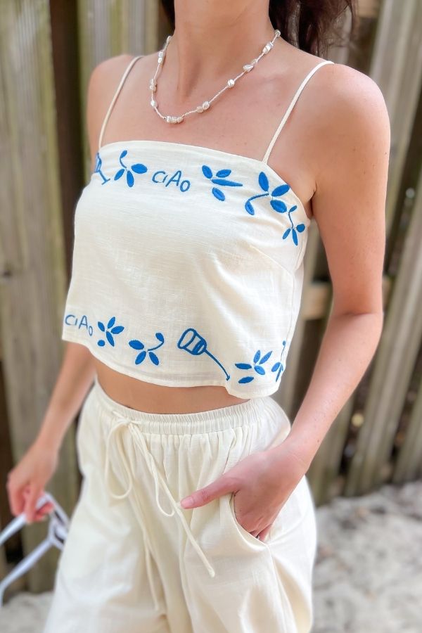 Ciao Blue Floral Embroidered Tank Top