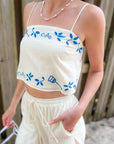 Ciao Blue Floral Embroidered Tank Top