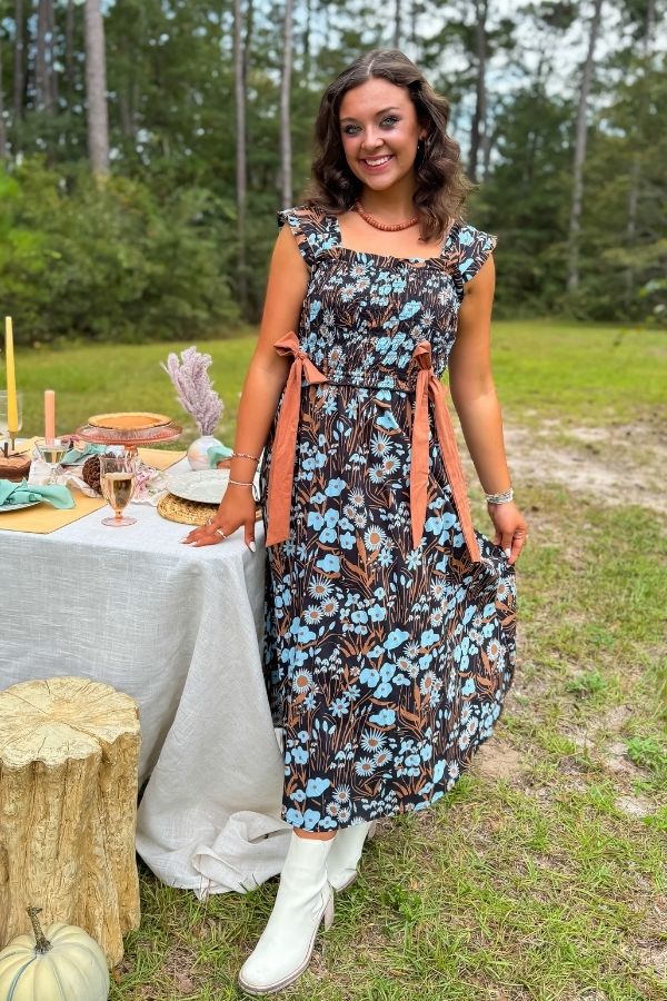 Midnight Floral Black Ribbon Midi Dress