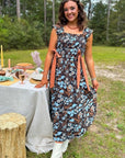 Midnight Floral Black Ribbon Midi Dress