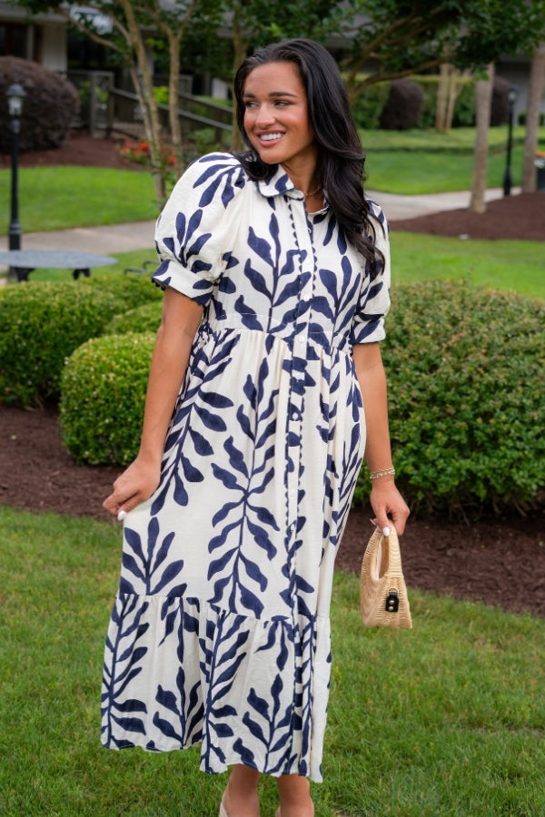 Harmony Navy & Cream Puff Sleeve Collared Midi Dress