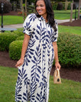 Harmony Navy & Cream Puff Sleeve Collared Midi Dress