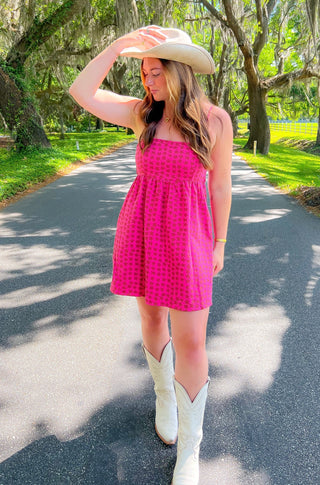 All Over Stars Red & Pink Denim Mini Dress-day + moon-L. Mae Boutique