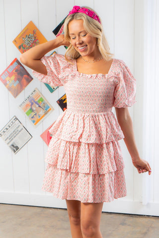 Always Floral Pink Smocked Tiered Mini Dress-2.7 August Apparel-L. Mae Boutique