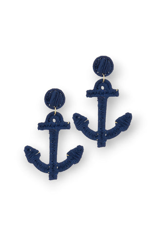 Anchors Away Navy Blue Raffia Anchor Earrings-Golden Stella-L. Mae Boutique