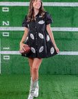 Stylish Black Sequin Football Dress with puff sleeves and tiered skirt, designed for a standout game day look.