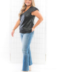 Black V-Neck Ruffle Sleeve Leather Top-Tops-Voy-L. Mae Boutique & Wild Mabel Clothing