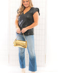 Black V-Neck Ruffle Sleeve Leather Top-Tops-Voy-L. Mae Boutique & Wild Mabel Clothing