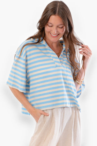 Blue As New Striped Waffle Knit Collared Top-By Together-L. Mae Boutique