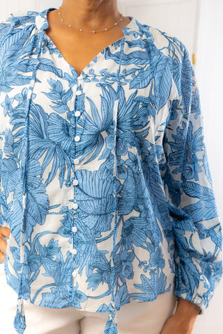Blue Tropical Palms Button Up Blouse-Fate-L. Mae Boutique