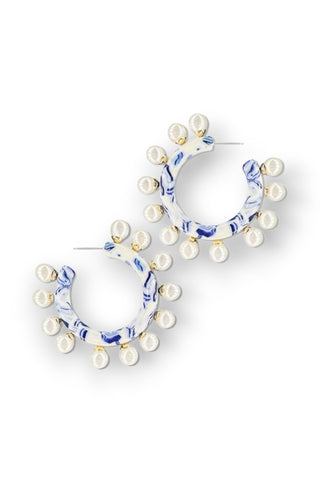 Blue & White Marbled Pearl Embellished Hoops-Golden Stella-L. Mae Boutique