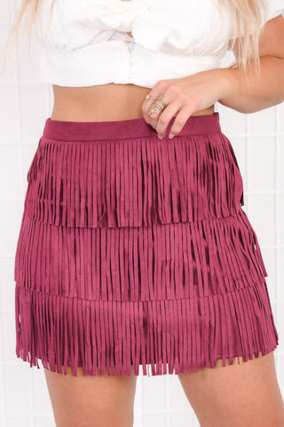 Boho Flow Suede Fringe Garnet Skirt-She + Sky-L. Mae Boutique
