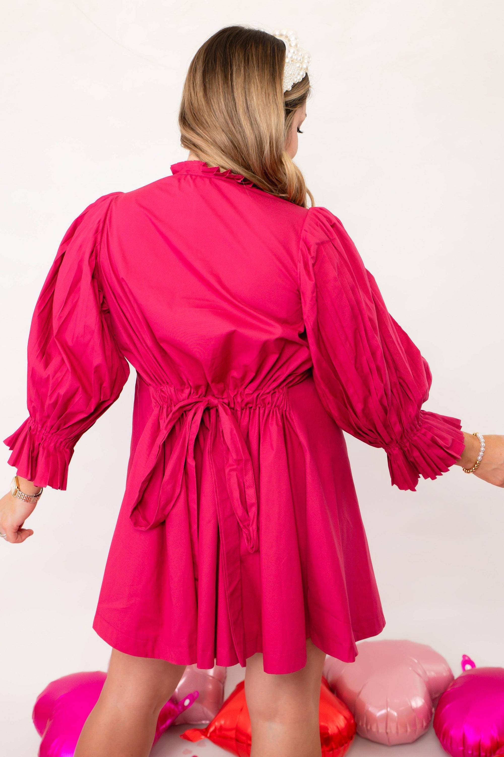 Bright and Berry Pink Pleated Sleeve Mini Dress-Dresses-Sincerely Ours-L. Mae Boutique & Wild Mabel Clothing